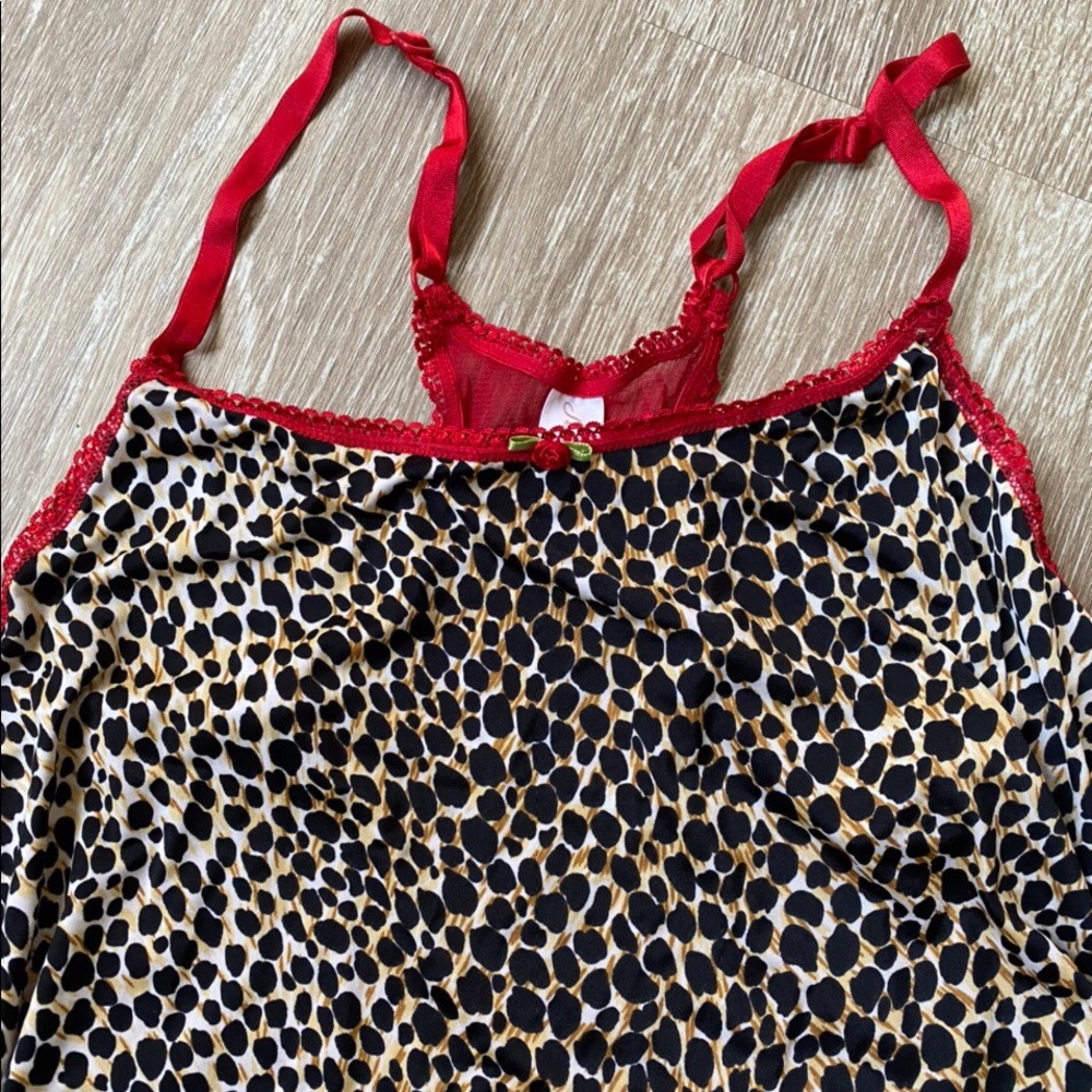 Y2K Leopard Cami Top with Red Mesh Back and Rose Appliqué - Women’s size medium